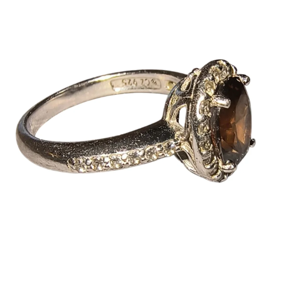 Sterling Silver, Clear & Cognac Colored CZ Halo Ring